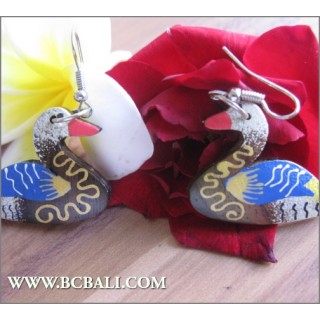 Bali Wood Earrings Duck Carving Painting